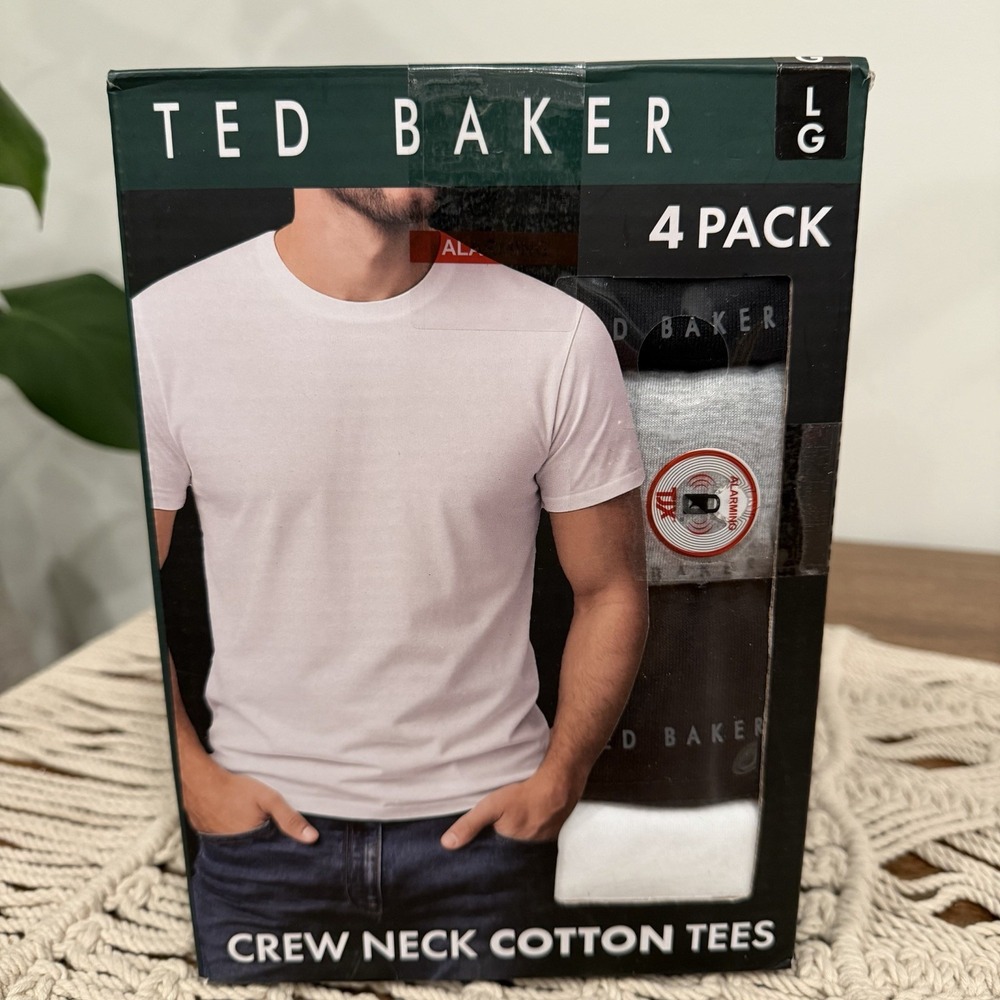 Ted Baker T-Shirt Tees Mens Lrg Cotton Blend Crew Neck Black White Gray 4-Pk NEW